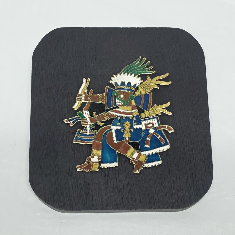 Vintage Mexican Wooden Plaque Enameled Tlaloc God Of Rain Aztec Mayan Folk Art
